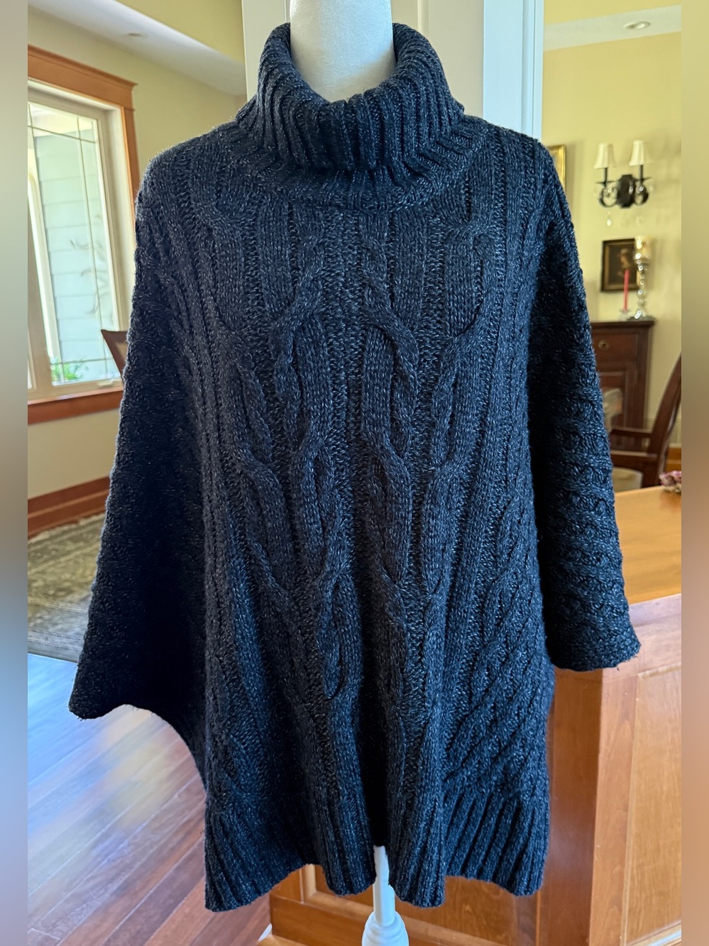 Fat Face Large Pippa Poncho Oversized Navy Blue Cable-Knit